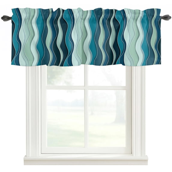 Teal Ombre Rod Pocket Curtain Valance, Abstract Art Moire Ocean Waves ...