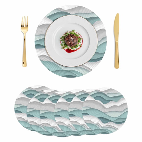 Teal Ombre Round 13 Inch Placemats Set of 6, Modern Geometric Moire Abstract Art HeatResistant Non Slip Place Mats for Dining Table, Wipeable Braided Kitchen Table Mats for Housewarming