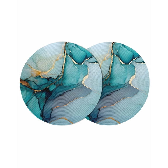 Teal Ombre Round Placemats Set of 2 for Dinning Tables,Heat-proof Braided Table Mats 13 Inch,Modern Marble Ink Painted Abstract Washable Place Mat for Kitchen Restaurant Party Decor Table Setting