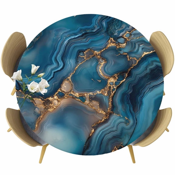 Teal Ombre Round Tablecloth 36-44 Inch Round Fitted Table Cloth with Elastic Edge, Marble Modern Abstract Ink Painting Waterproof Table Cover Protector for Outdoor Picnic Party Dining