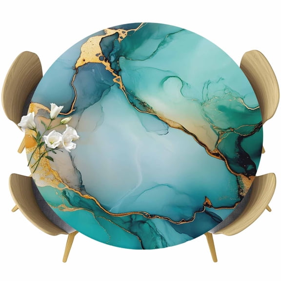Teal Ombre Round Tablecloth 36-44 Inch Round Fitted Table Cloth with Elastic Edge, Modern Ink Painted Marble Abstract Waterproof Table Cover Protector for Outdoor Picnic Party Dining