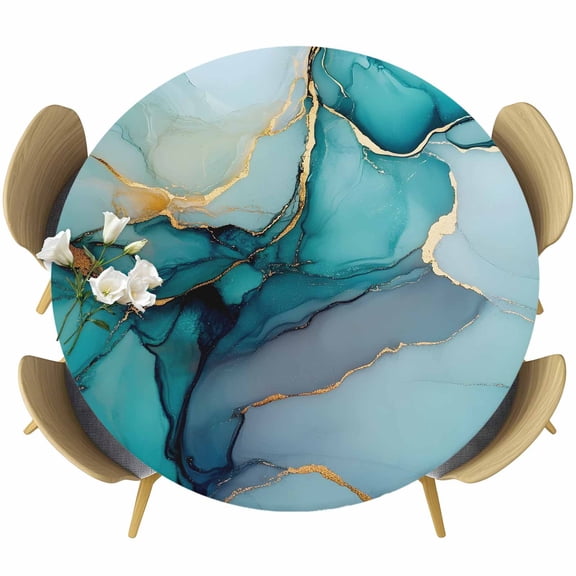 Teal Ombre Round Tablecloth 36-44 Inch Round Fitted Table Cloth with Elastic Edge, Modern Marble Ink Painted Abstract Waterproof Table Cover Protector for Outdoor Picnic Party Dining