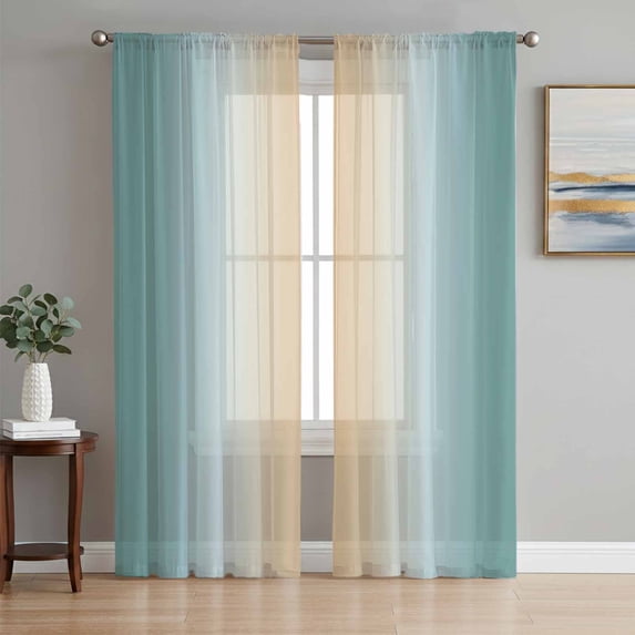 Teal Ombre Sheer Curtains 108 Inch Length 2 Panels for Living Room, Modern Yellow Gradient Farmhouse Art Voile Kitchen Curtain Set, Luxury Privacy Drapes Window Treatment for Bedroom