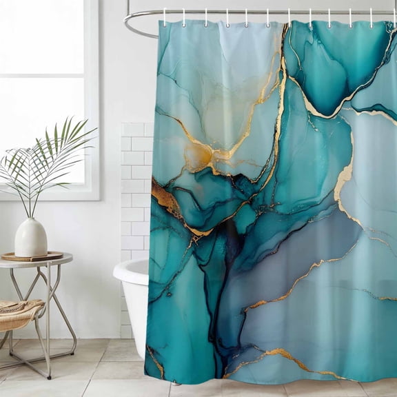 Teal Ombre Shower Curtain Set, Waterproof Shower Curtains for Bathroom, Modern Marble Ink Painted Abstract Washable Fabric Cloth Bath Curtain for Bathtub Decoration with Hooks 72x78 Inches
