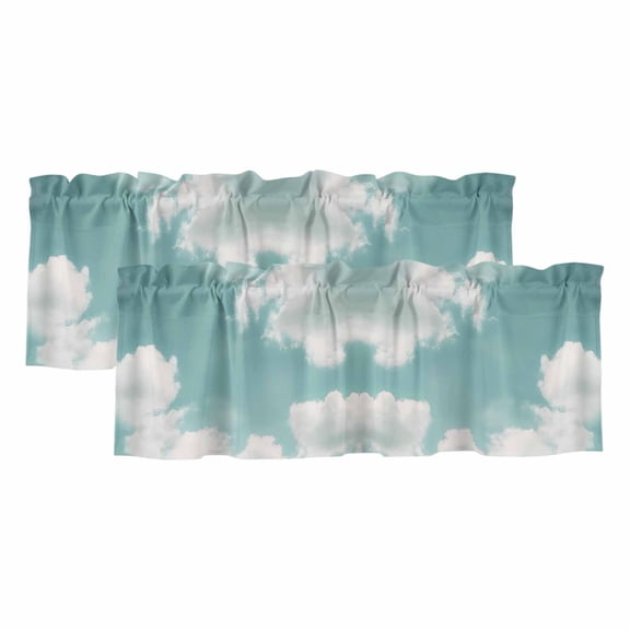 Teal Ombre Sky Retro Curtain Valances for Windows, Kitchen Valance Window Treatments Panel 2 Pack, Modern Rustic Clouds Landscape Rod Pocket Short Curtains for Bathroom Bedroom 54 x 18 Inch