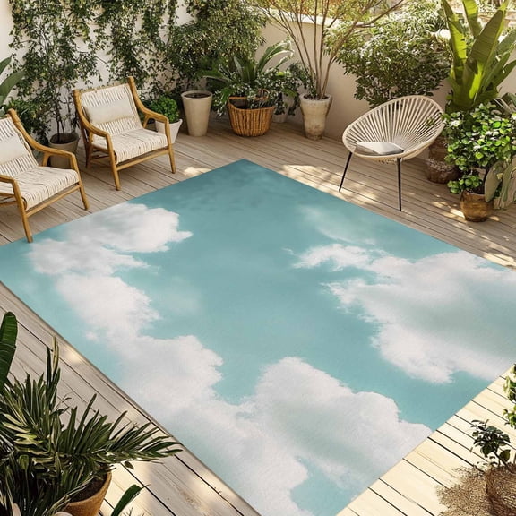Teal Ombre Sky Retro Outdoor Rug 3x5 Ft - Reversible Patio Rug Outdoor Camping Rugs, Modern Rustic Clouds Landscape Washable Indoor Outdoor Area Rugs, Non-Slip Outdoor Carpet Runner for Deck/Porch