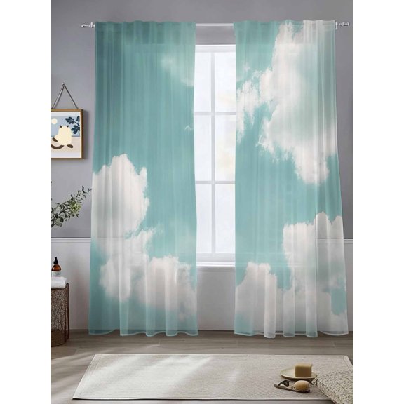 Teal Ombre Sky Retro Sheer Curtains for Living Room Bedroom Modern Rustic Clouds Landscape Sheer Curtains 84 Inch Long 2 Panels Set Light Filtering Curtain Window Treatments Drapes for Dining Room