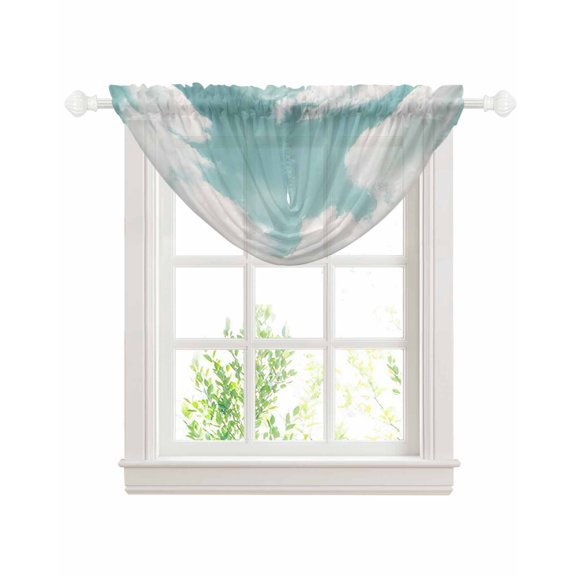 Teal Ombre Sky Retro Sheer Waterfall Valance Curtains for Window, Modern Rustic Clouds Landscape Rod Pocket Sheer Topper Swag Curtains for Living Room, Kitchen 38.5"W x 47.2"L, 1 Panel