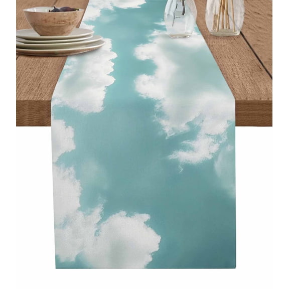 Teal Ombre Sky Retro Table Runner 72 Inches, Modern Rustic Clouds Landscape Bed Runner Dresser Scarves Tabletop for Indoor Outdoor Parties/Ceremony/Banquet, 18" x 72"