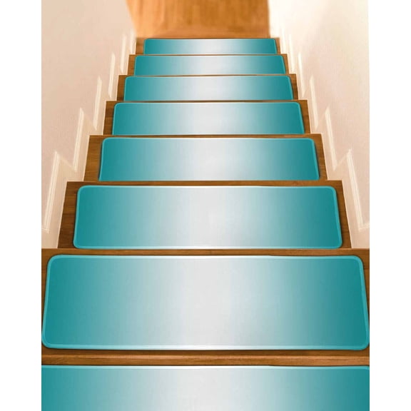 Teal Ombre Stair Treads for Wooden Steps Indoor Runner Rug Carpet, Turquoise White Gradient Modern Abstract Art 4 Pieces Peel and Stick Staircase Step Treads Covers Washable Throw Door Mats, 30"x8"
