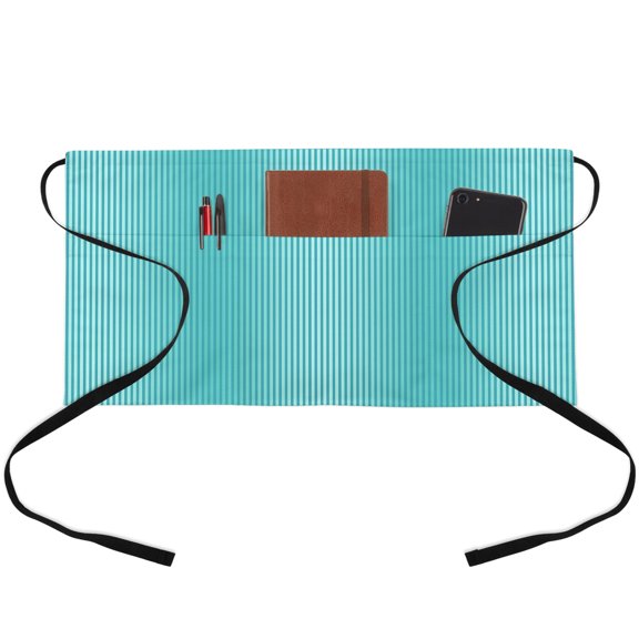 Teal Ombre Striped Waitress Apron with 3 Pockets, Turquoise Line Stripes Farmhouse Server Aprons Waterproof Kitchen Restaurant Half Waist Apron for Men Women