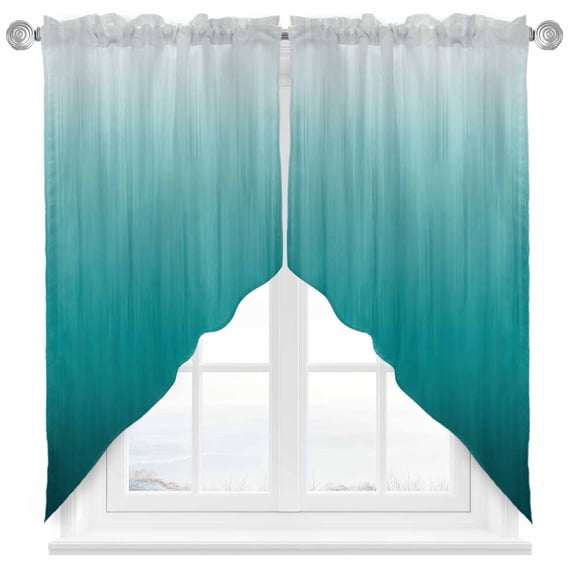 Teal Ombre Swag Kitchen Curtain Valances, Contemporary Gradient Abstract Rod Pocket Curtains Window Treatment Decor Valances for Bedroom Bathroom, 2 Panels 36 x 36 Inch