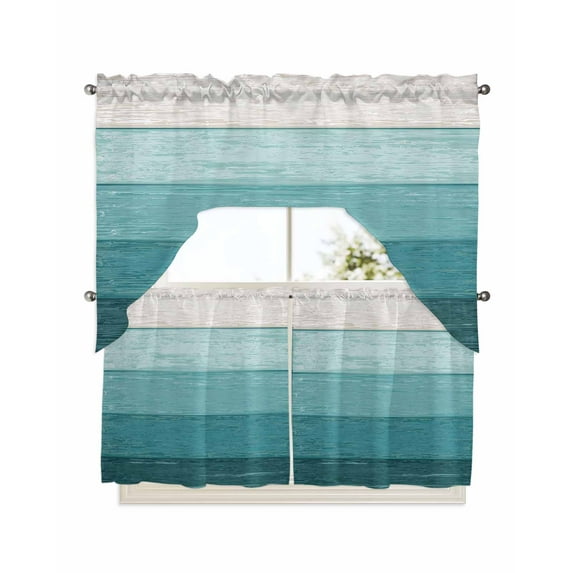 Teal Ombre Swag Valance and Tier Curtains 24'' Length Set, Farmhouse Vintage Wooden Striped Light Filtering Kitchen Curtains, Tier Curtain Valances for Bathroom/Living Room/Bedroom/Café