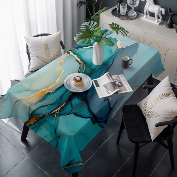 Teal Ombre Table Cloth Waterproof Tablecloths, Modern Marble Ink Painted Abstract Tablecloth Dining Table Cover for Kitchen Party Tabletop Outdoor, Rectangle Tablecloth 60x120 Inch