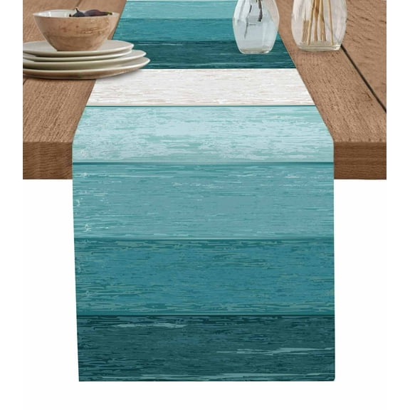 Teal Ombre Table Runner Farmhouse Vintage Wooden Striped Tablerunners 13 x 60 Inch, Table Decorations Tabletop Scarf for Summer Gathering Holiday Farmhouse Kitchen Dining Decor