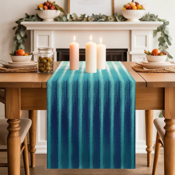 Teal Ombre Table Runner, Modern Abstract Blue Green Linear Drips Coastal Washable Cotton-linen Table Runners Dining Kitchen Decoration for Everyday Home Wedding Party Decor, 13 x 36 Inch