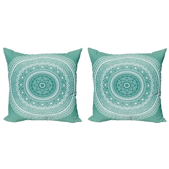 Teal Ombre Throw Pillow Cushion Cover Pack of 2, Mandala Pattern Boho Style Floral Dots and Stripes with Petals Print, Zippered Double-Side Digital Print, 4 Sizes, Teal and White, by Ambesonne