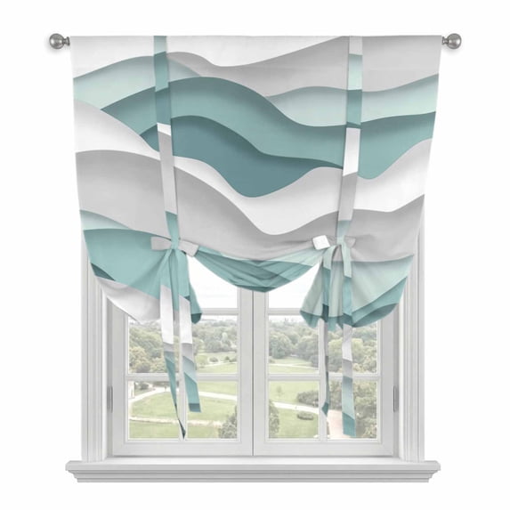 Teal Ombre Tie Up Curtains for Kitchen Windows,Adjustable Rod Pocket Valance 54 Inch Long, Modern Geometric Moire Abstract Art Window Treatment Balloon Roman Blind Shade, 42" x 54"