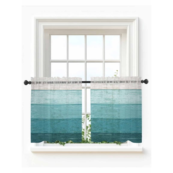 Teal Ombre Tier Curtains 24 Inch Length, Sheer Curtains for Bedroom Living Room Window Farmhouse Vintage Wooden Striped Rod Pocket Voile Drapes Kitchen Curtains Small Half Window 27.5"x24" 2 Panels