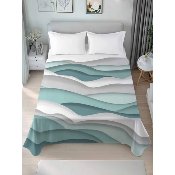 Teal Ombre Twim Size Flat Sheet, Wrinkleproof & Fadeproof Cooling Flat Bed Sheet Only, Modern Geometric Moire Abstract Art Breathable Soft Bedding Top Sheets 66 x 96 Inches
