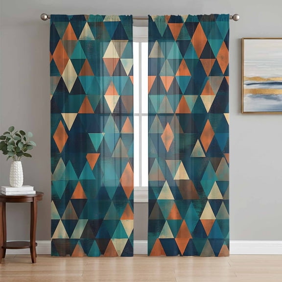 Teal Orange Abstract Art Sheer Curtains 63 Inch Length 2 Panels Set, Geometric Modern Art Voile Window Treatment Rod Pocket Curtains Sheers Drapes for Bedroom/Living Room/Kitchen 52x"63"x2