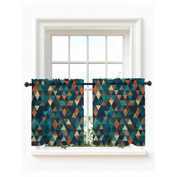 Teal Orange Abstract Art Tier Curtains 24 Inch Length, Sheer Curtains for Bedroom Living Room Window Geometric Modern Art Rod Pocket Voile Drapes Kitchen Curtains Small Half Window 27.5"x24" 2 Panels