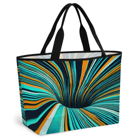 Teal Orange Abstract Beach Bag for Women, Large Breathable Mesh Beach Tote Bag, Stripes Vibrant Modern Sandproof Lightweight Travel Bags for Vacation Picnic Swimming Pool 15.7"x15.7"x9.1"