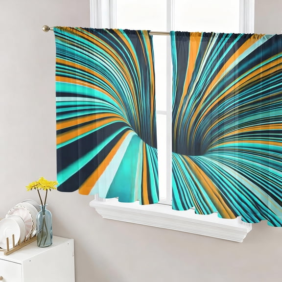 Teal Orange Abstract Sheer Curtains 45 Inch Length 2 Panels Set, Stripes Vibrant Modern Voile Window Treatment Rod Pocket Small Kitchen Curtains Drapes for Bedroom 52"x45"x2