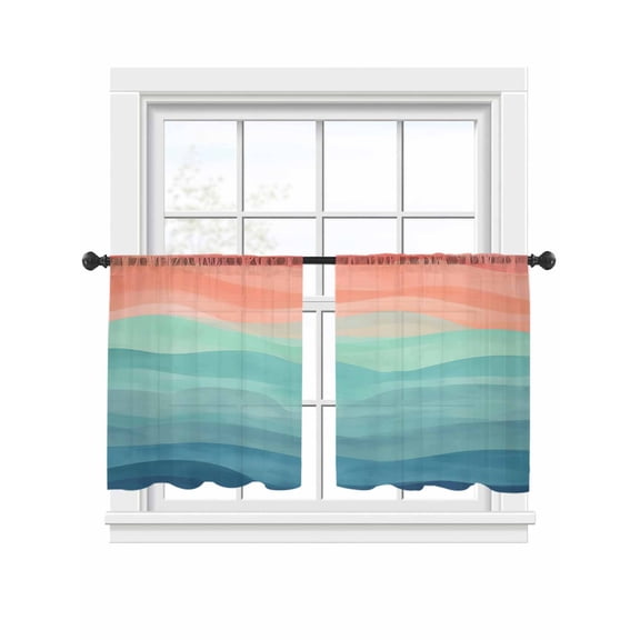 Teal Orange Abstract Waves Sheer Curtains 2 Panels Set, Sea Ocean Ripples Coastal Light Filtering Rod Pocket Voile Drapes, Window Sheer Curtains for Living Room/Bedroom, 52'' W x 45'' L