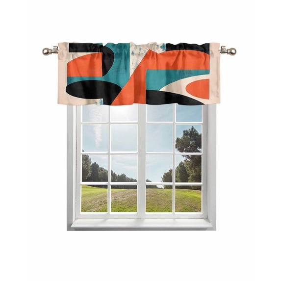 Teal Orange Black Curtain Valance for Windows/Living Room/Kitchen/Bathroom/Café, Short Rod Pocket Tier Curtain Window Treatment Panel Geometric Modern Abstract Art Topper Curtain 60''x18''