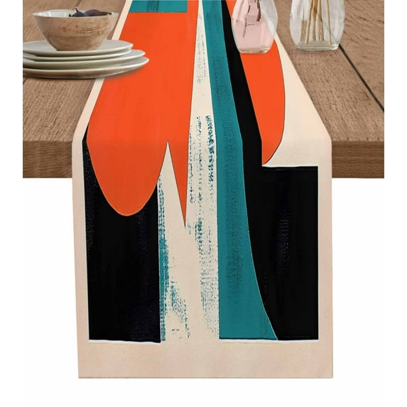 Teal Orange Black Table Runner 120 Inches, Geometric Modern Abstract Art Bed Runner Dresser Scarves Tabletop for Indoor Outdoor Parties/Ceremony/Banquet, 13"x 120"