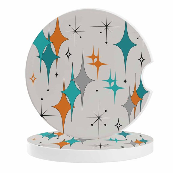 Teal Orange Boho Car Coasters for Cup Holders Set of 2 Absorbent, 2.56" Ceramic Stone Drinks Cupholder Coasters with Finger Notch Middle Century Geometric Abstract Auto Interior Accessories for Women