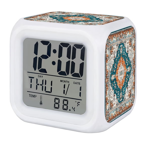 Teal Orange Boho Digital Alarm Clock for Bedrooms, Smart LED Alarm Clock with 7 Color Changing Night Light, Southwestern Aztec Farmhouse Motifs Silent Wake Up Clocks for Sleep Study Cooking 3.2"x3.2"