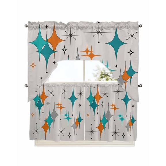 Teal Orange Boho Kitchen Curtains Swag Valance and Tier Curtains Set 24 Inch Length, Middle Century Geometric Abstract Rod Pocket Drape Panels Pair Swag Curtains for Bathroom/Cafe/Window