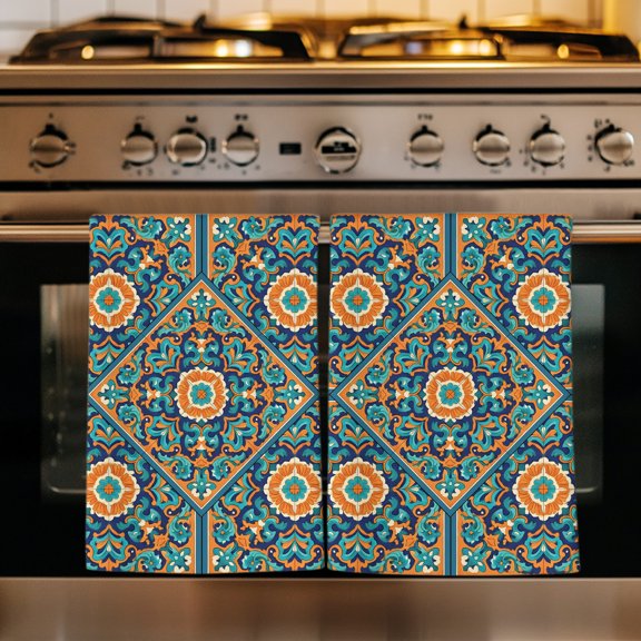 Teal Orange Boho Kitchen Towels Set of 1, Vintage Bohemia Flower Geometric Absorbent Dish Towels for Kitchen, Microfiber Hand Towel, Quick Drying Tea Towel for Cleaning Decorative Dishcloths