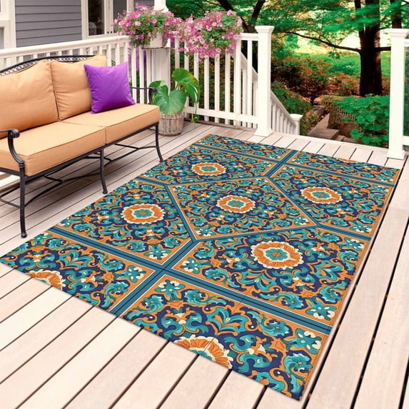 Teal Orange Boho Outdoor Rug for Patio/Deck/Porch, Non-Slip Large Area Rug 5 x 7 Ft, Vintage Bohemia Flower Geometric Indoor Outdoor Rugs Washable Area Rugs, Reversible Camping Rug Carpet Runner