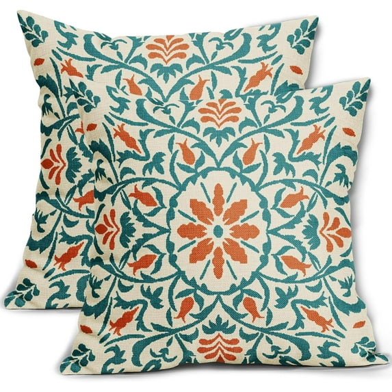 Teal Orange Boho Pillow Covers 20 X Inch Bohemian Ethnic Carpet Style Vintage Flower Print Decorative Throw Pillows Outdoor Linen Square Cushion Case Farmhouse Decor Set of 2
