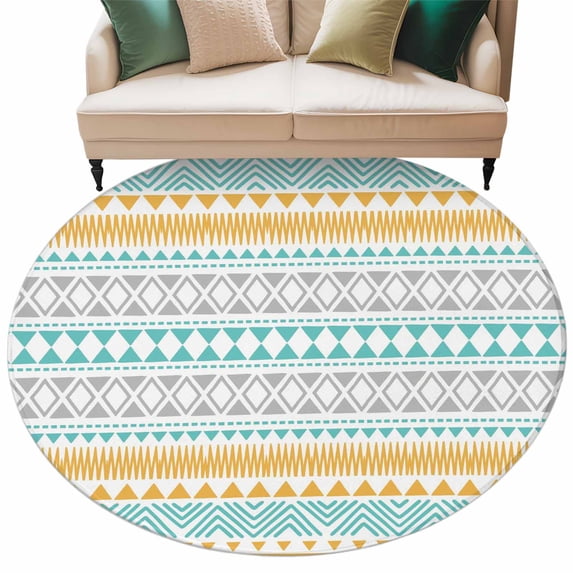 Teal Orange Boho Round Area Rug 5ft Washable Large Round Rug for Living Room, Soft Non-Slip Circle Rugs for Dining Room, Ethnic Tribe Geometric Floor Carpet for Bedroom Entryway Home Office