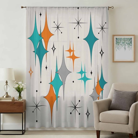 Teal Orange Boho Sheer Curtains 54 Inches Long, Middle Century Geometric Abstract Light Filering Curtains, Breathable Simi Curtain Privacy Drapes for Kitchen Bathroom Small Window Treatment
