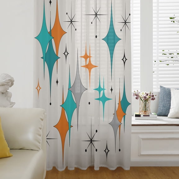 Teal Orange Boho Sheer Curtains 96 Inch Length, Light Filtering Voile Curtain Panel, Middle Century Geometric Abstract Rod Pocket Drapes Window Treatments for Living Room Bedroom 52"x96"