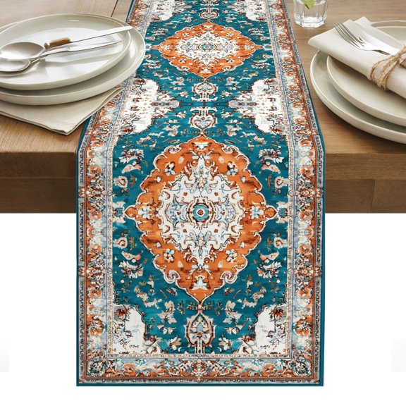 Teal Orange Boho Table Runner Southwestern Aztec Farmhouse Motifs Tablerunners 13 x 36 Inch, Table Decorations Tabletop Scarf for Summer Gathering Holiday Farmhouse Kitchen Dining Decor