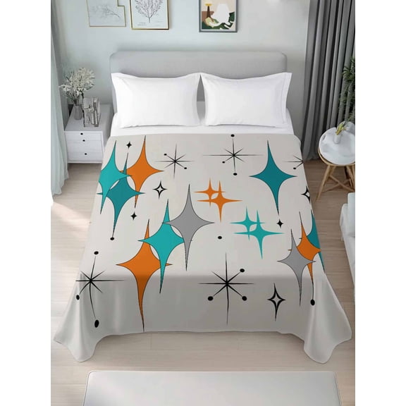 Teal Orange Boho Twim Size Flat Sheet, Wrinkleproof & Fadeproof Cooling Flat Bed Sheet Only, Middle Century Geometric Abstract Breathable Soft Bedding Top Sheets 66 x 96 Inches