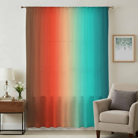 Teal Orange Brown Ombre Sheer Curtains 108" Extra Long for Living Room, Abstract Modern Art Aesthetics Light Filtering Privacy Drapes, Semi Sheer Window Treatment for Floor to Ceiling Window