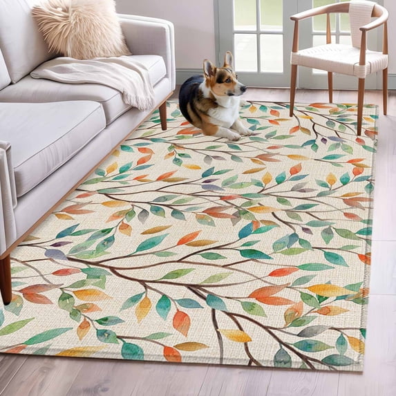Teal Orange Eucalyptus Area Rugs 4'x6', Washable Small Throw Rugs for Office Bathroom, Spring Botanical Leaves Indoor Outdoor Rug Non-Slip Low Pile Carpet Runner Reversible Floor Mats