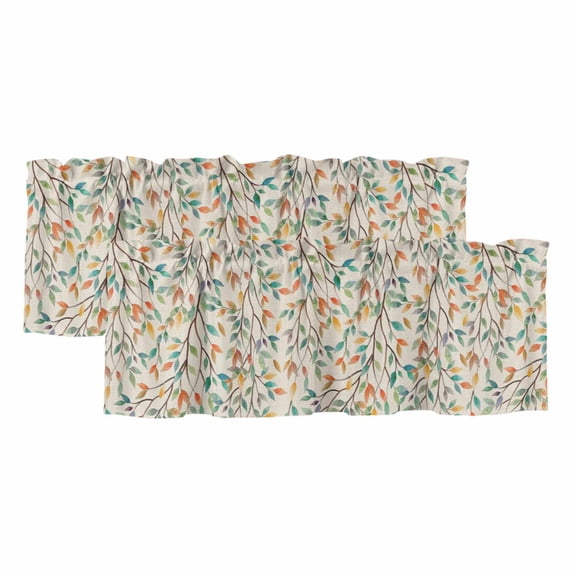 Teal Orange Eucalyptus Curtain Valances for Windows, Kitchen Valance Window Treatments Panel 2 Pack, Spring Botanical Leaves Rod Pocket Short Curtains for Bathroom Bedroom 42 x 18 Inch