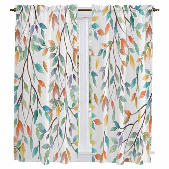 Teal Orange Eucalyptus Kitchen Curtains 63 Inch Length, Weeping Botanical Leaves Tiers Curtains for Living Room Berdoom Bathroom, Light Filtering Drapes Rod Pocket Window Treatment 2 Panels 42"Wx63"L