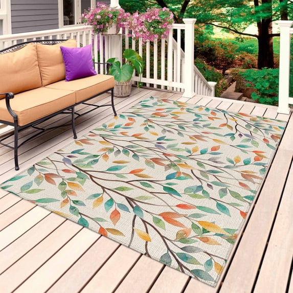 Teal Orange Eucalyptus Outdoor Rug 4x6 Ft, Non Slip Washable Area Rug, Spring Botanical Leaves Patio Rugs Carpet Runner, Large Floor Mat for Indoor/Outdoor Deck Porch Camping