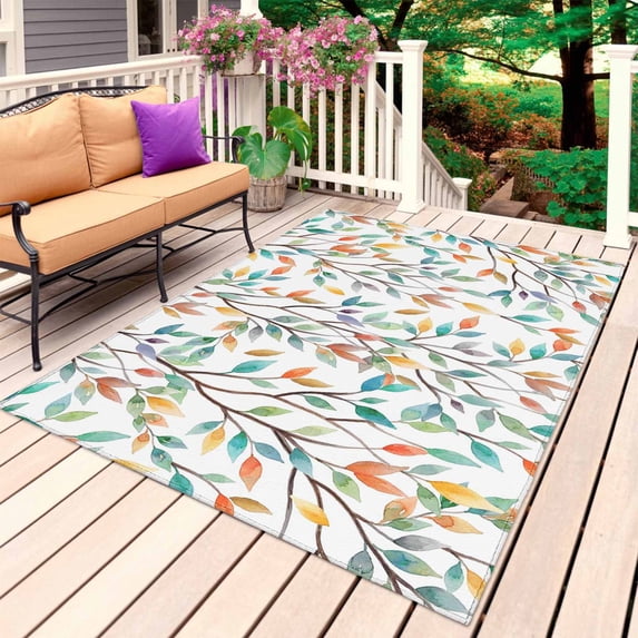 Teal Orange Eucalyptus Outdoor Rug 5x8 Ft, Non Slip Washable Area Rug, Weeping Botanical Leaves Patio Rugs Carpet Runner, Large Floor Mat for Indoor/Outdoor Deck Porch Camping