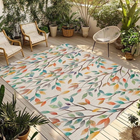Teal Orange Eucalyptus Outdoor Rug for Patio/Deck/Porch, Non-Slip Large Area Rug 3 x 5 Ft, Spring Botanical Leaves Indoor Outdoor Rugs Washable Area Rugs, Reversible Camping Rug Carpet Runner