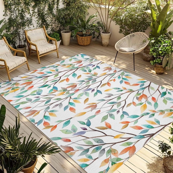 Teal Orange Eucalyptus Outdoor Rug for Patio/Deck/Porch, Non-Slip Large Area Rug 5 x 8 Ft, Weeping Botanical Leaves Indoor Outdoor Rugs Washable Area Rugs, Reversible Camping Rug Carpet Runner